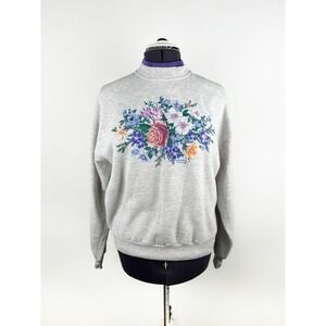 Morning Sun Floral Sweatshirt USA Vintage 90s Jerzees Gray Large